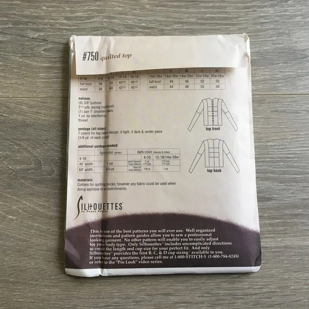 Silhouettes Sewing Pattern 750 Quilted Top Jacket Cottage Plus Size 14W-28WUNCUT
